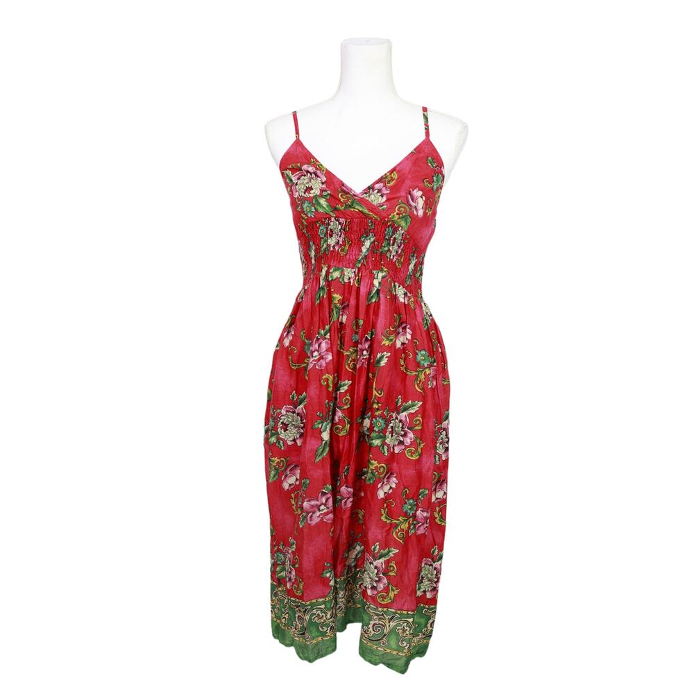 Pink Apple cotton floral red green dress size medium flowy